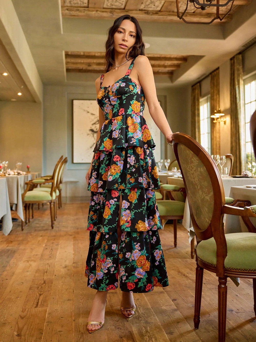 Floral Tiered Maxi Dress - Black Floral